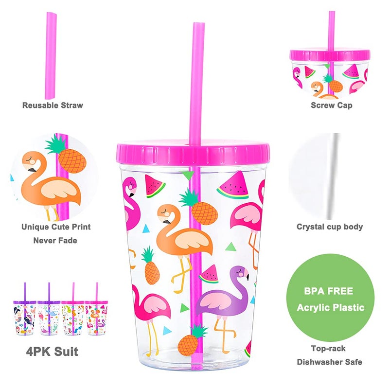 Home Tune 16oz Kids Tumbler Water Drinking Cup 4 Pack - BPA Free, Straw Lid Cup, Reusable, Lightweight, Spill-Proof, Cute Design for Girls & Boys - Flamingo, Kitty Mermaid, Unicorn - Image 2